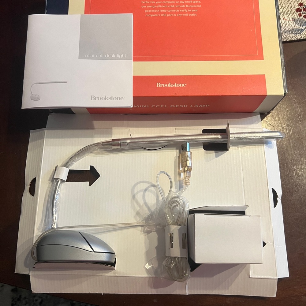 New. Brookstone Mini CFL Desk Lamp Silver